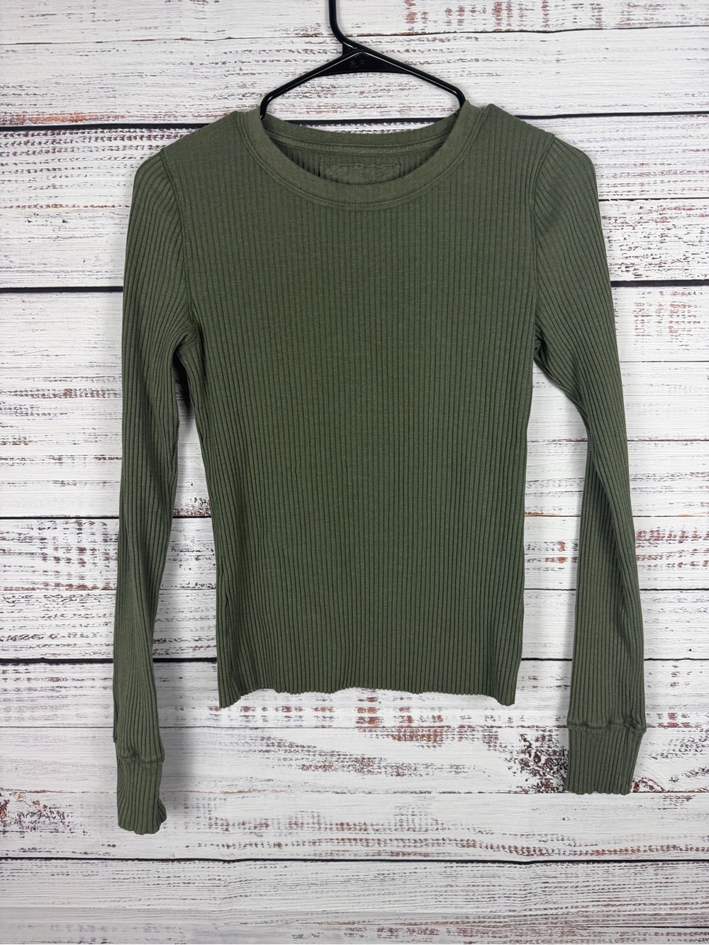 Aerie Olive Green Ribbed Long Sleeve Crewneck Top